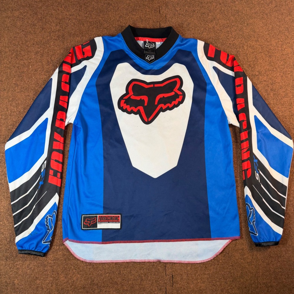 Fox Racing Motocross Jersey Mens Medium Blue Red White Long Sleeve BMX MTB 2917